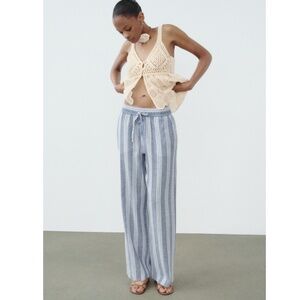 Zara Linen Blend Blue & White Striped Pants Size M